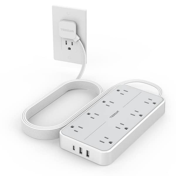 10 ft. Flat Plug Extension Cord 8-Outlet Power Strip Surge Protector in Gray with 3-USB Ports