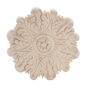 4 in. x 3/8 in. Unfinished Small Hand Carved North American Solid Hard Maple Rosette Acanthus Wood Applique