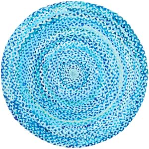 Braided Turquoise Doormat 3 ft. x 3 ft. Round Striped Solid Area Rug