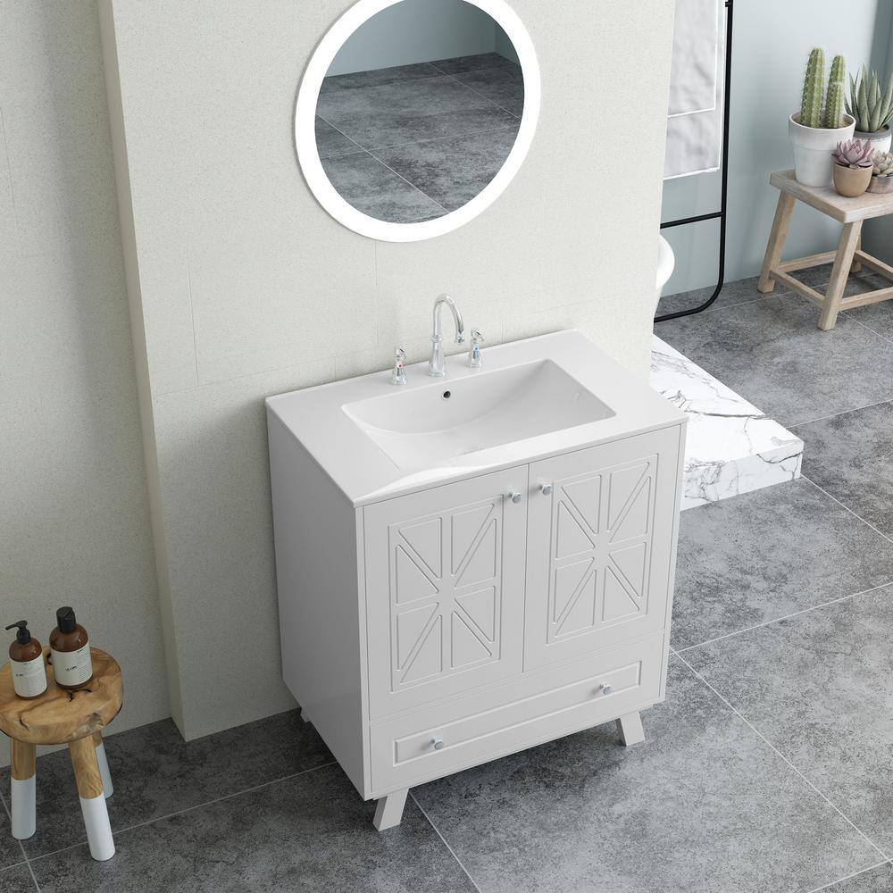 White MDF Single Sink Freestanding Bath Vanity with Ceramic Top