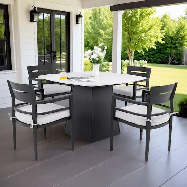 Black 5-Piece Aluminum Outdoor Dining Set with Sunbrella White Cushion and Greek White Marble Table