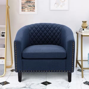 Modern Navy Blue PU Leather Upholstery Accent Chair Barrel Chair Club Chair with Wood Legs and Nailheads (Set of 1)