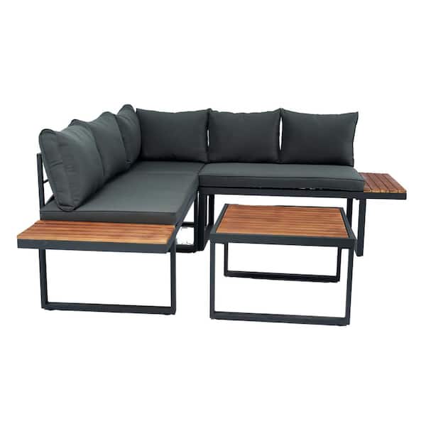 Zeus & Ruta 4 Piece Dark Grey Wicker L-Shaped Patio Outdoor Sectional Sofa Seating Group with Dark Grey Cushions, Side Table