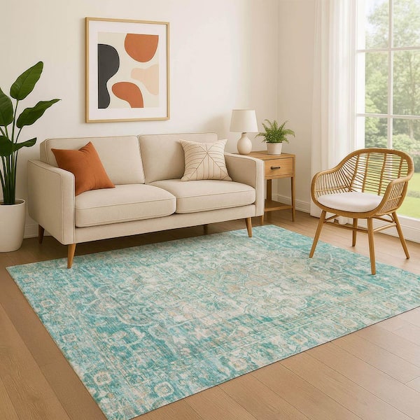 Mayfield Premium Machine Washable Abstract AMF1728 Teal 10 ft. x 14 ft. Area Rug