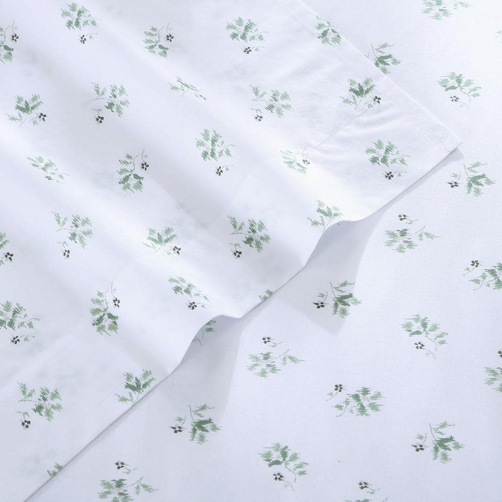 Full White Cotton Percale Floral Deep Pocket Sheet Set