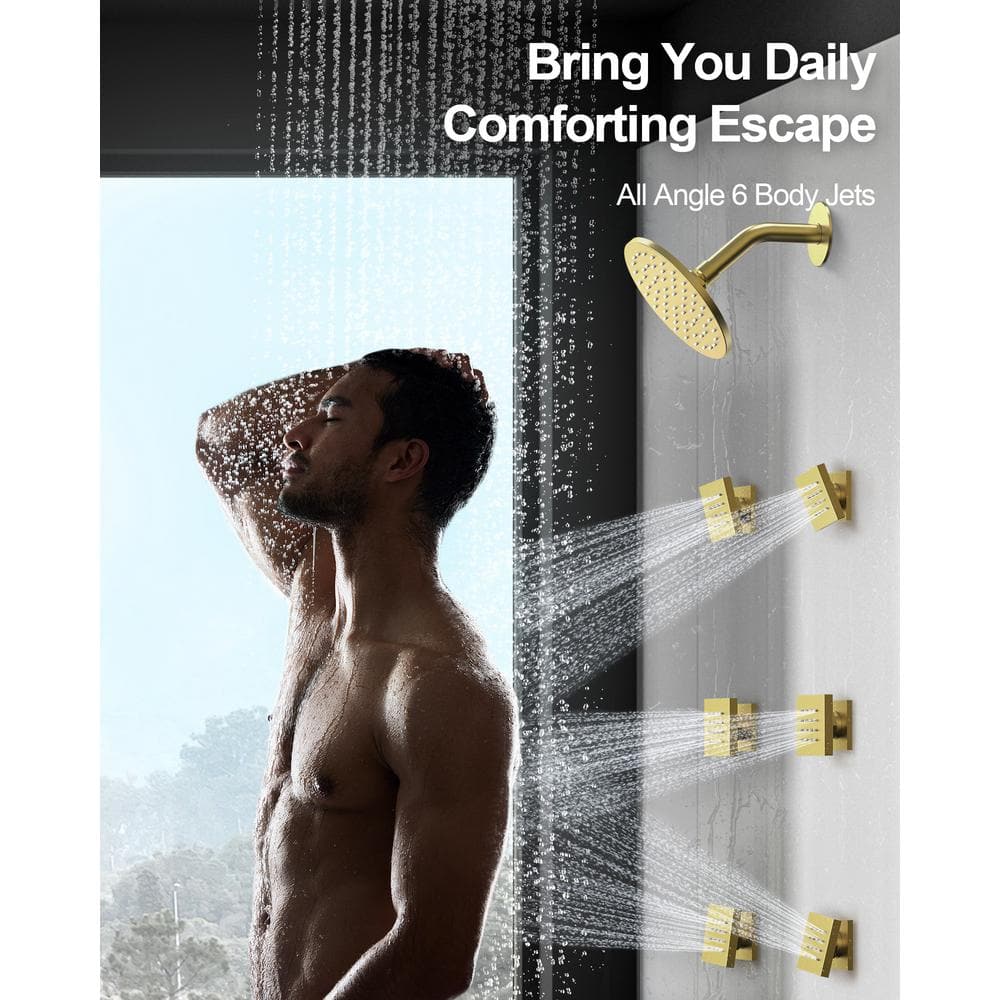 Brushed Gold Wall Mounted Dual Shower System with Body Jets