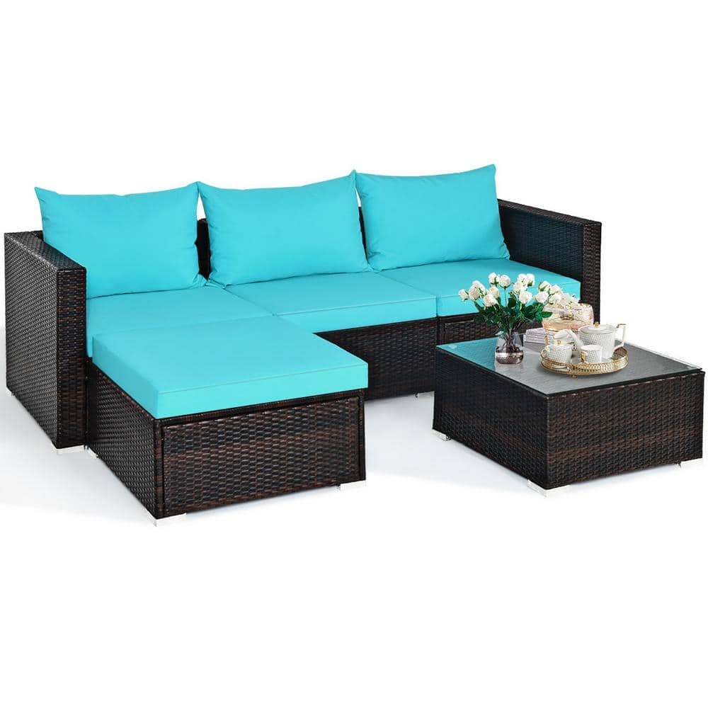 5-Pieces Wicker Patio Conversation Set Sectional Sofa Set with Blue Cushions -  HONEY JOY, TOPB003088