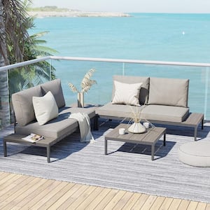 Beige 4-Piece Metal Patio Conversation Set Deluxe Enlarged Seat with Removable Olefin Cushions, Coffee Table