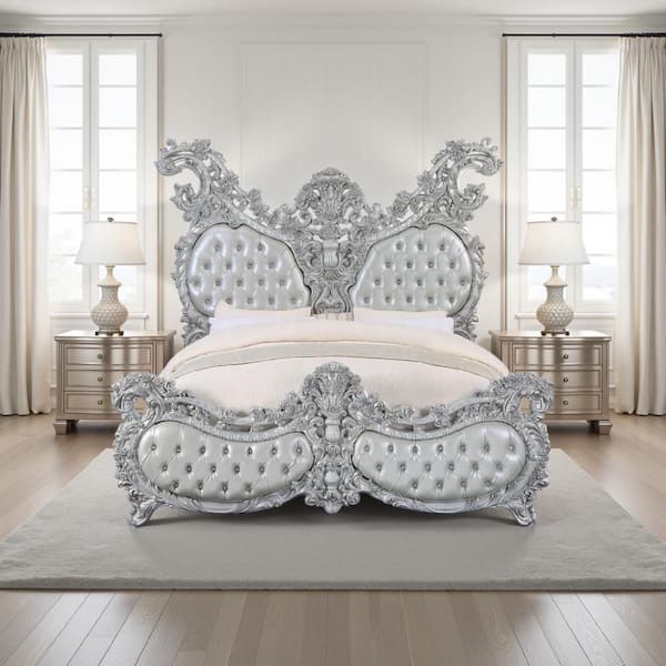 Vera Gray and Platinum Composite Wood Frame King Platform Bed with Upholstered Headboard