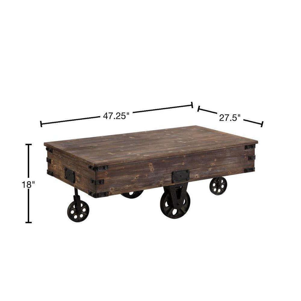 Rustic Brown Wood Factory Cart Coffee Table with Wheels