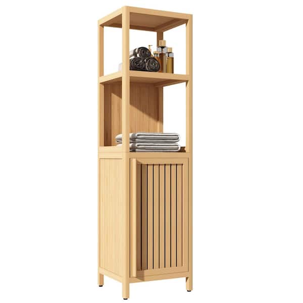 JimsMaison 14 in. W x 13 in. D x 52 in. H Yellow Bamboo Linen Cabinet with Open Shelf