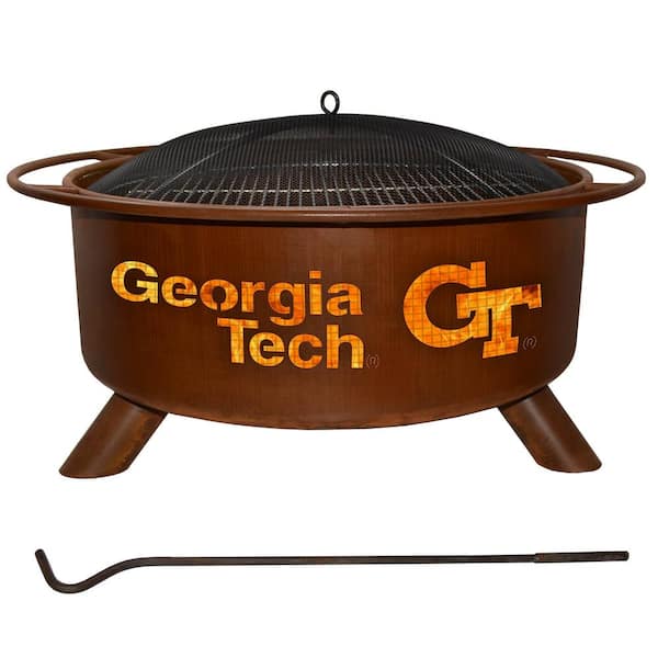 Unbranded Georgia Tech 29 in. x 18 in. Round Steel Wood Burning Fire Pit in Rust with Grill Poker Spark Screen and Cover