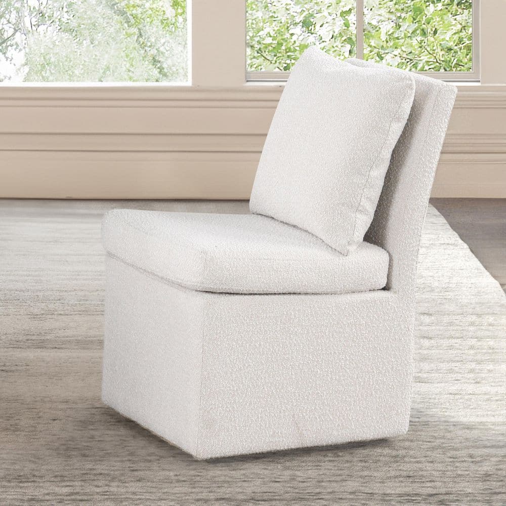 Calman Modern White Boucle Chenille Upholstered Dining Side Chair with Casters