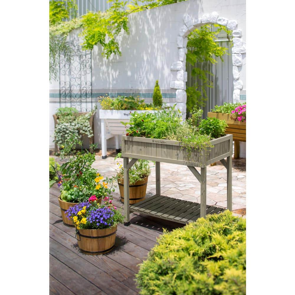 Elevated Grey Wash Cedar Herb Garden Planter with Lower Shelf