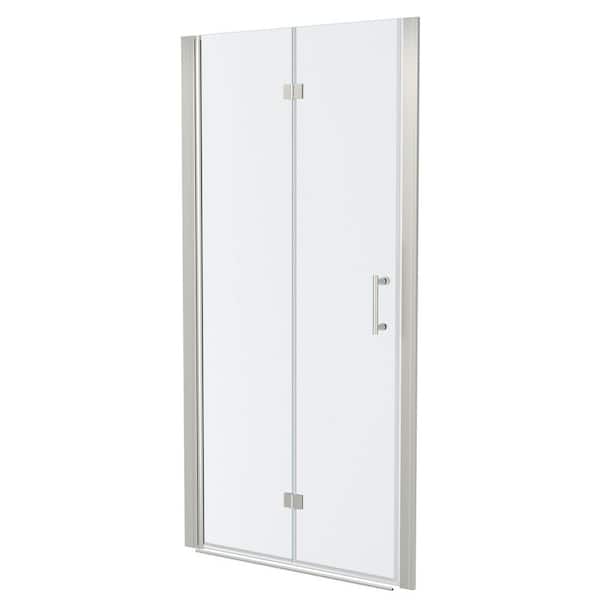 36 in. W x 72 in. H Bifold Semi-Frameless Shower Door in Brushed Nickel Finish with Clear Glass