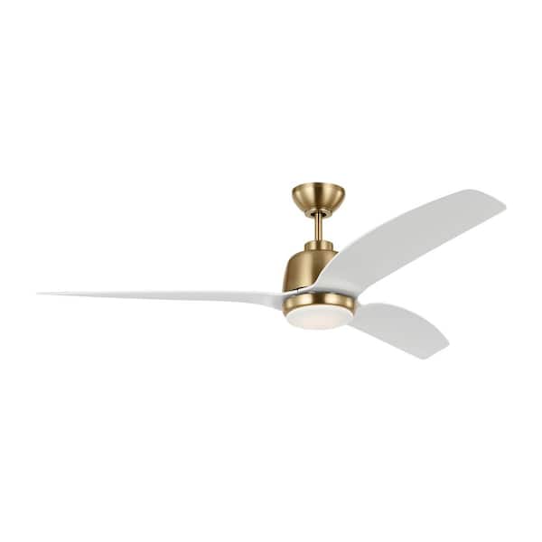 Generation Lighting Avila 60 in. Indoor/Outdoor Satin Brass Ceiling Fan with Matte White Blades, Integrated LED Light Kit and Remote Control