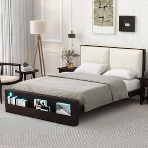 Espresso Brown Wood Frame Queen Size Platform Bed with Upholstered Headboard, Bookshelf with LED Light in Footboard