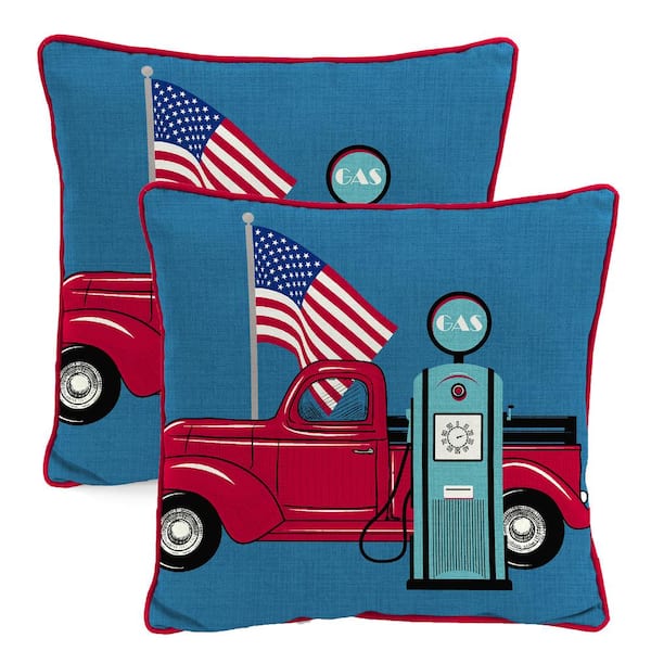 Jordan Manufacturing 18 in. L x 18 in. W x 5 in. T Outdoor Throw Pillow in American Flag Truck (2-Pack)