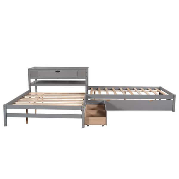 ATHMILE 108.7 in. W Gray Wood Frame Full L-Shaped Platform Beds with Trundle and Built-in Rectangle Table