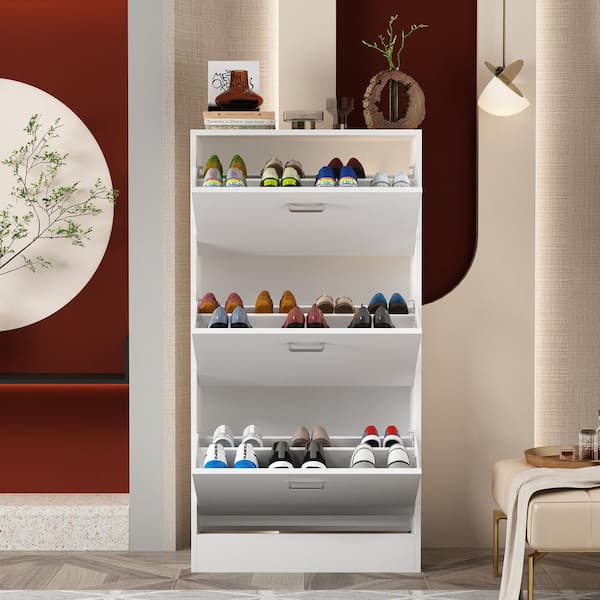 22.4 in. W x 41.7 in. H White Wood Shoe Storage Cabinet with 6-Foldable Compartments up to 18-Pairs