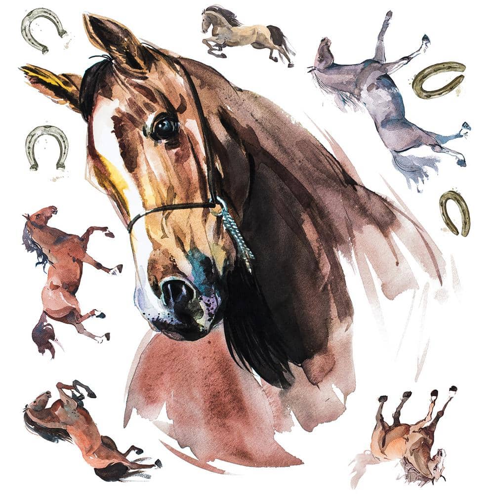 Watercolor Wild Horses Peel and Stick Giant Wall Decals in Brown and Yellow