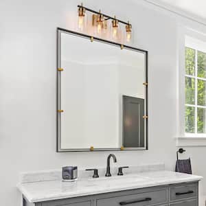 28 in. Modern 4-Light Brass Gold Bathroom Vanity Light, Black Bath Lighting with Cylinder Clear Glass Shades