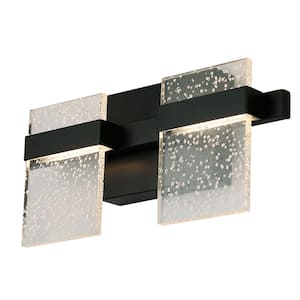 Madrona 14.75 in. W x 7.12 in. H 2-Light Black Integrated LED Bathroom Vanity Light with Clear Seedy Acrylic Shades