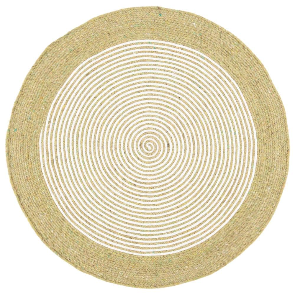 Ivory and Green Braided Wool 3' Round Handmade Rug