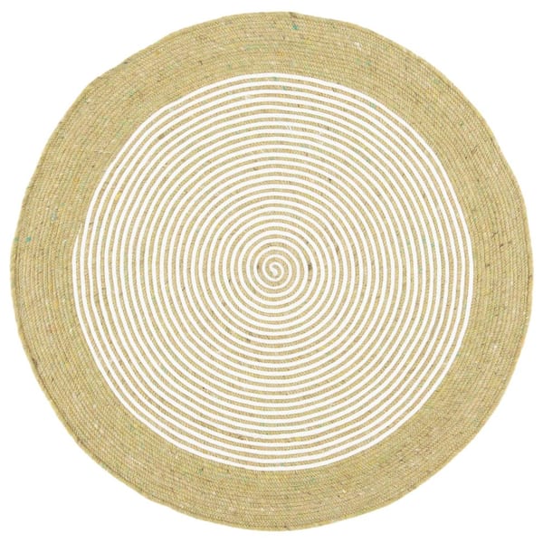 SAFAVIEH Braided Green Ivory Doormat 3 ft. x 3 ft. Border Striped Round Area Rug