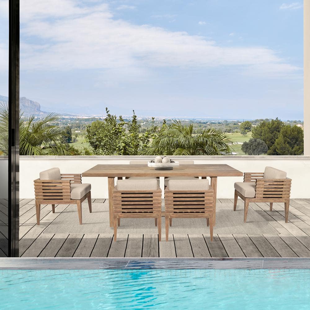 Vivid Brown 7-Piece Eucalyptus Wood Outdoor Dining Set with Taupe Cushions