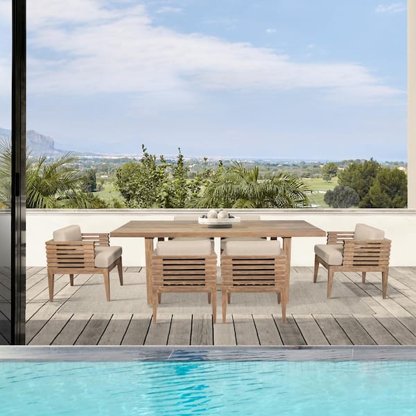 Armen Living Vivid Brown 7-Piece Eucalyptus Wood Outdoor Dining Set with Taupe Cushions