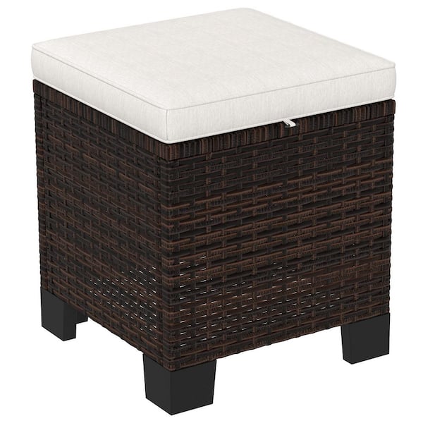 Outsunny Cream Wicker Outdoor Ottoman Set of 2 Outdoor Footstools for Patio with Removable Cushions 3-in-1 PE Rattan Ottoman Seat