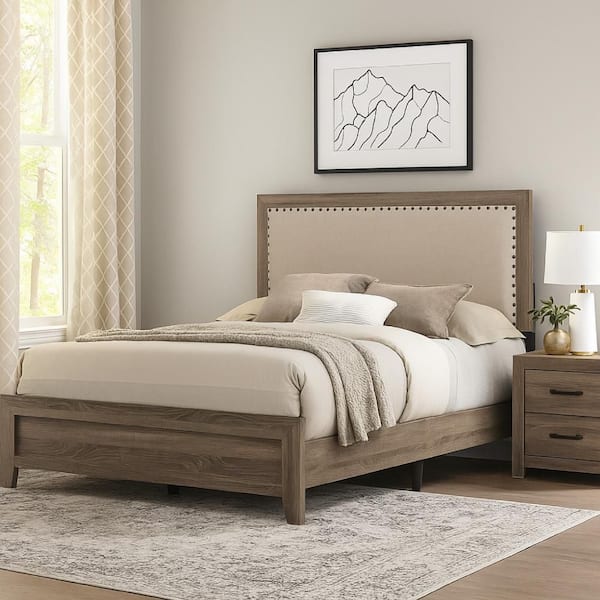 Shannon Gray and Ivory Wood Frame King Panel Bed with Nailhead Trim
