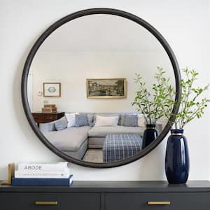 36 in. W x 36 in. H Modern Round Natural Solid Wood Matte Black Finish with Brushed Silver Details Framed Wall Mirror