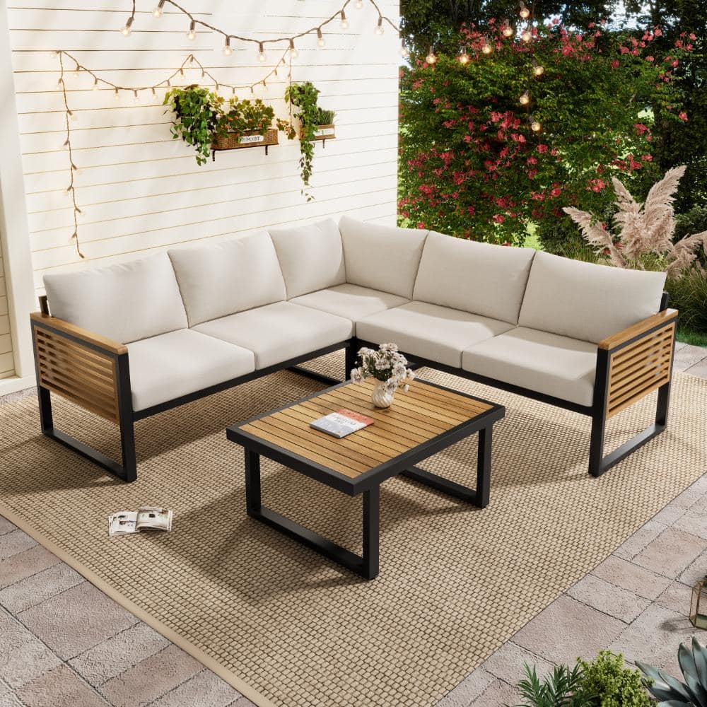 4-Piece Outdoor Patio Acacia Wood Conversation Set with Coffee Tables & Beige Cushions price history on PriceWatchPro