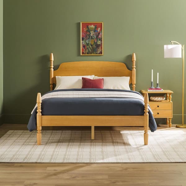 Modern Farmhouse Easy Assembly 2-Piece Solid Wood Natural 2-drawer Nightstand and Queen Bed Bedroom Set