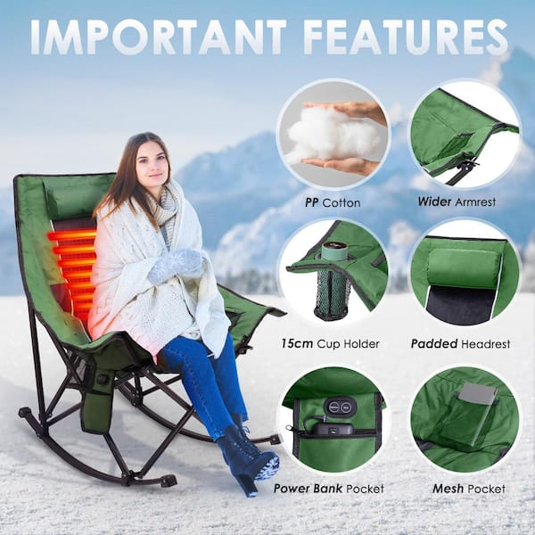 Green Oversized Heated Rocking Camping Chair, Portable Folding Heated Chairs Outdoor Sports with Power Bank