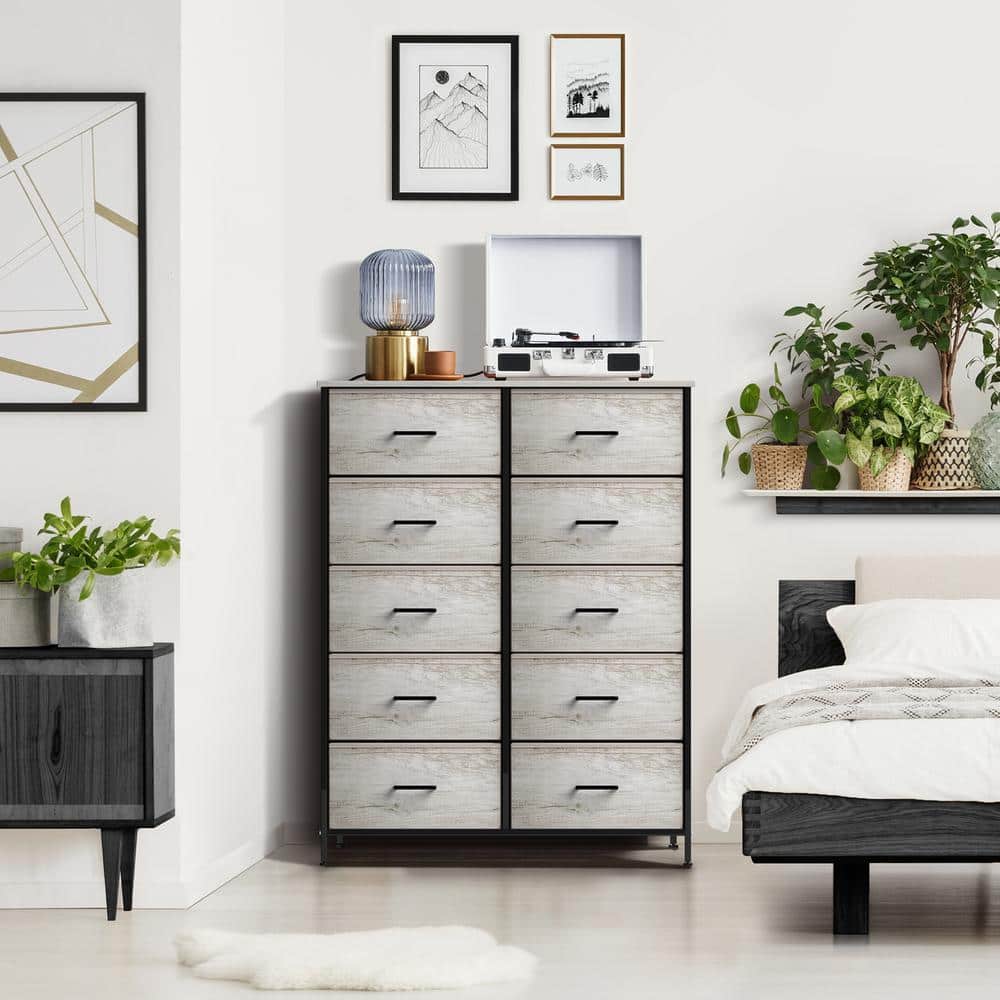 Sorbus Greige 10-Drawer Dresser with Faux Wood Bins & Steel Frame