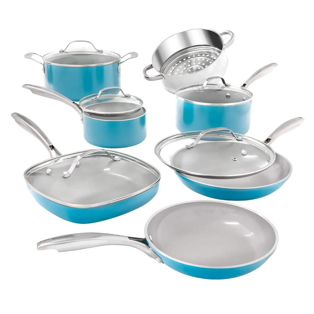 NEW 7 Piece Cookware Set Aqua Blue Pots Pans Home Kitchen Cooking Non Stick