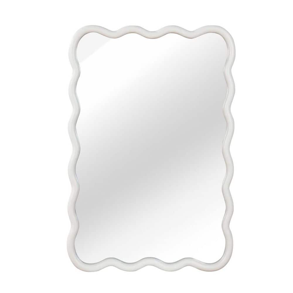 White Color 24 in W x 36 in. H Wavy Rectangle Solid Wood Frame Decorative Mirror, For Bedroom, Bathroom, Living Room