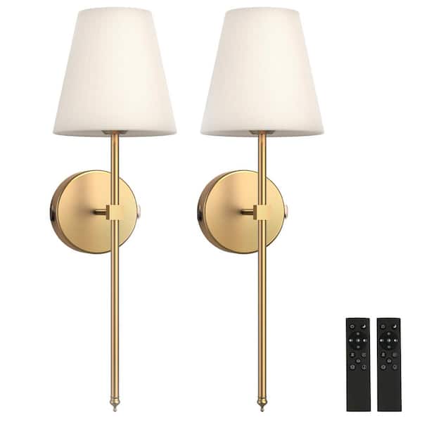 8 in. 1-Light gold Wall Sconce Lamp, Indoor Rechargeable with White Fabric Shade Suitable for Living Room (2-Pack)