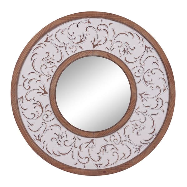 Litton Lane 32 in. x 32 in. Round Framed White Floral Wall Mirror with Embossed Metal