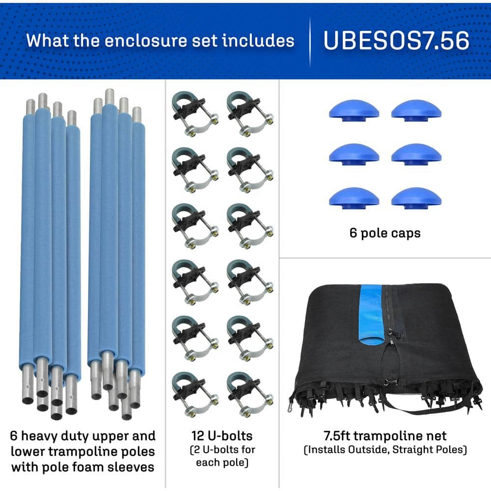 7.5 ft Blue and Black Trampoline Safety Enclosure Set with Net and Poles