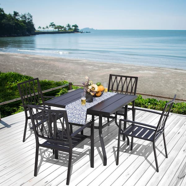 Black 5-Piece Iron Outdoor Dining Set, 4 Stackable Chairs and 37 in. Square Dining Table with Umbrella Hole