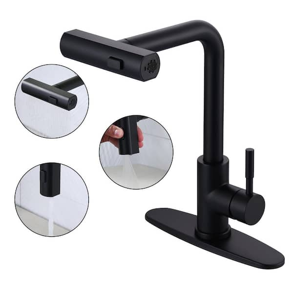 3-Mode Single Handle Waterfall Pull Down Sprayer Kitchen Faucet with 360° Rotation in Stainless Steel Matte Black