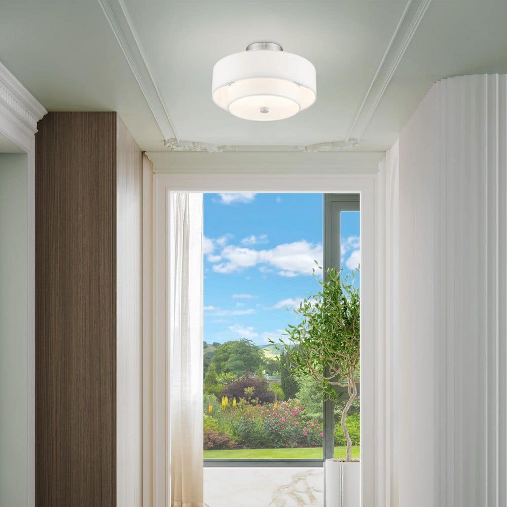 Claremont Brushed Nickel 2-Light Semi-Flush Drum with Off-White Shade