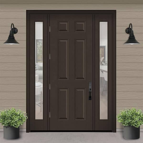 Regency 68 in. x 96 in. 6 Panel RHOS Hickory Stain Mahogany Fiberglass Prehung Front Door w/Clear14in. SLs 6-9/16