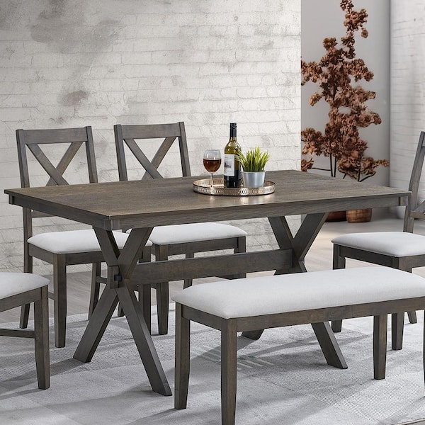 Marit Gray Wood Cross Legs Dining Table Seats 6