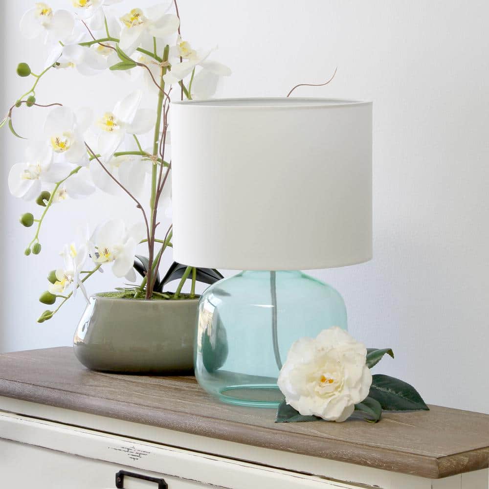 Aqua Glass Nightstand Lamp with White Fabric Shade