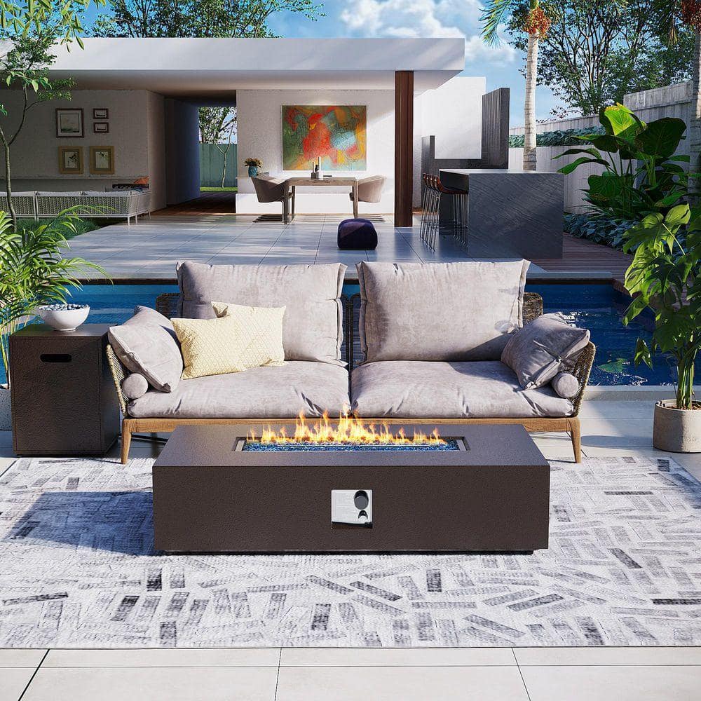 UPHA 56 in. Rectangular Iron Outdoor Brown Fire Pit Table with Propane Tank Holder